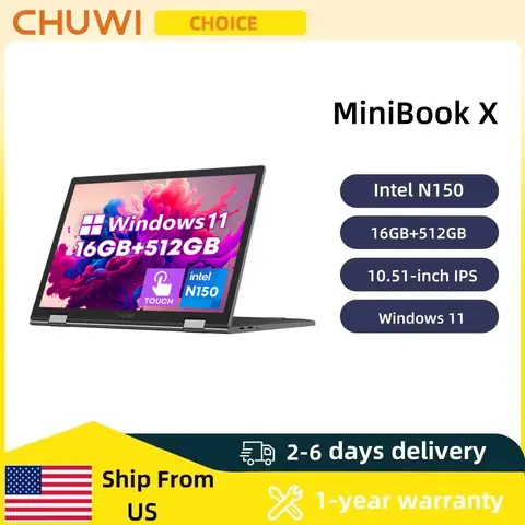 CHUWI Touch Screen Laptop MiniBook X 2-in-1 Laptop Intel N150 512GB ROM 16GB LPDDR5 10.51" 2K FHD IPS Windows 11 Work Notebook