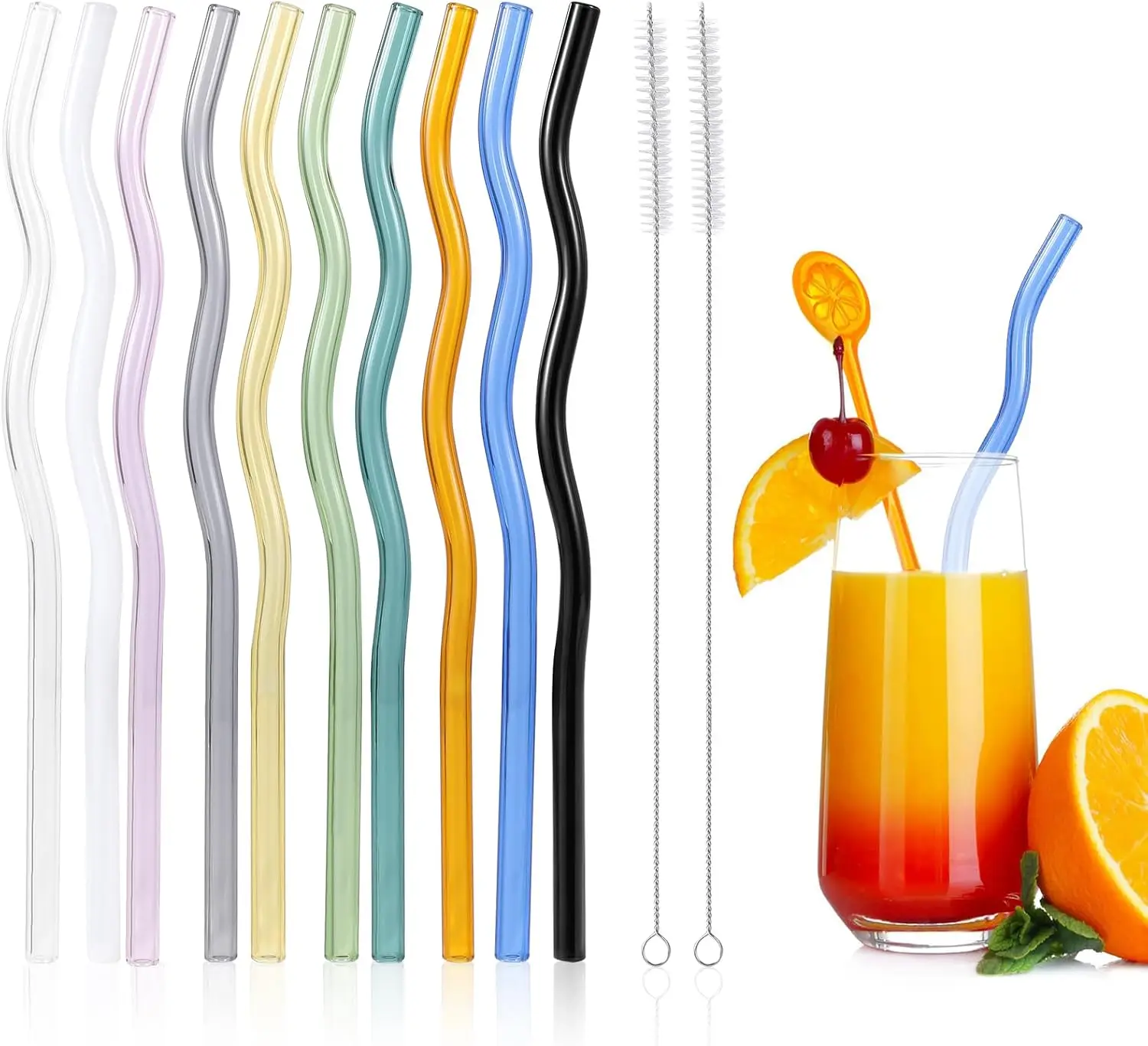 

10 Reusable Colorful Glass Straws, Shatter Resistant with 2 Cleaner Brushes for Drinks