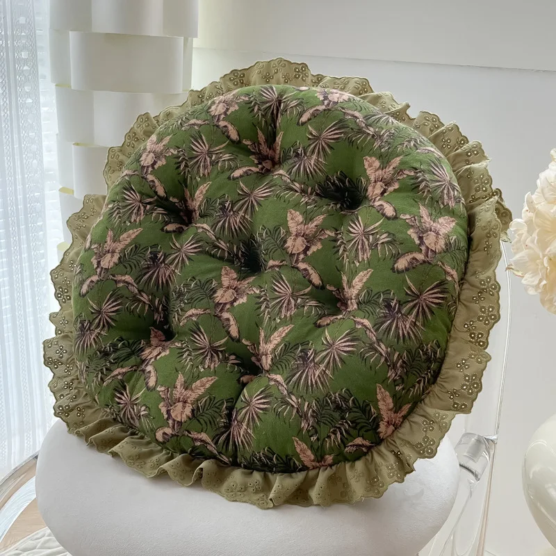 retro small floral rattan chair seat cushion cotton and linen lace round chair seat cushion tatami thickened futon cushion