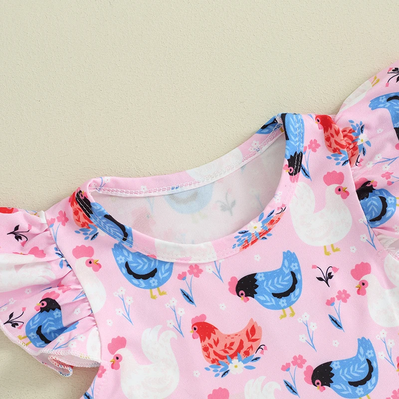 Toddler Baby Girl Summer Dresses Cartoon Chicken Print Ruffle Sleeve Dress Funny Farm Casual Skirt 6-18 Months 2-4T