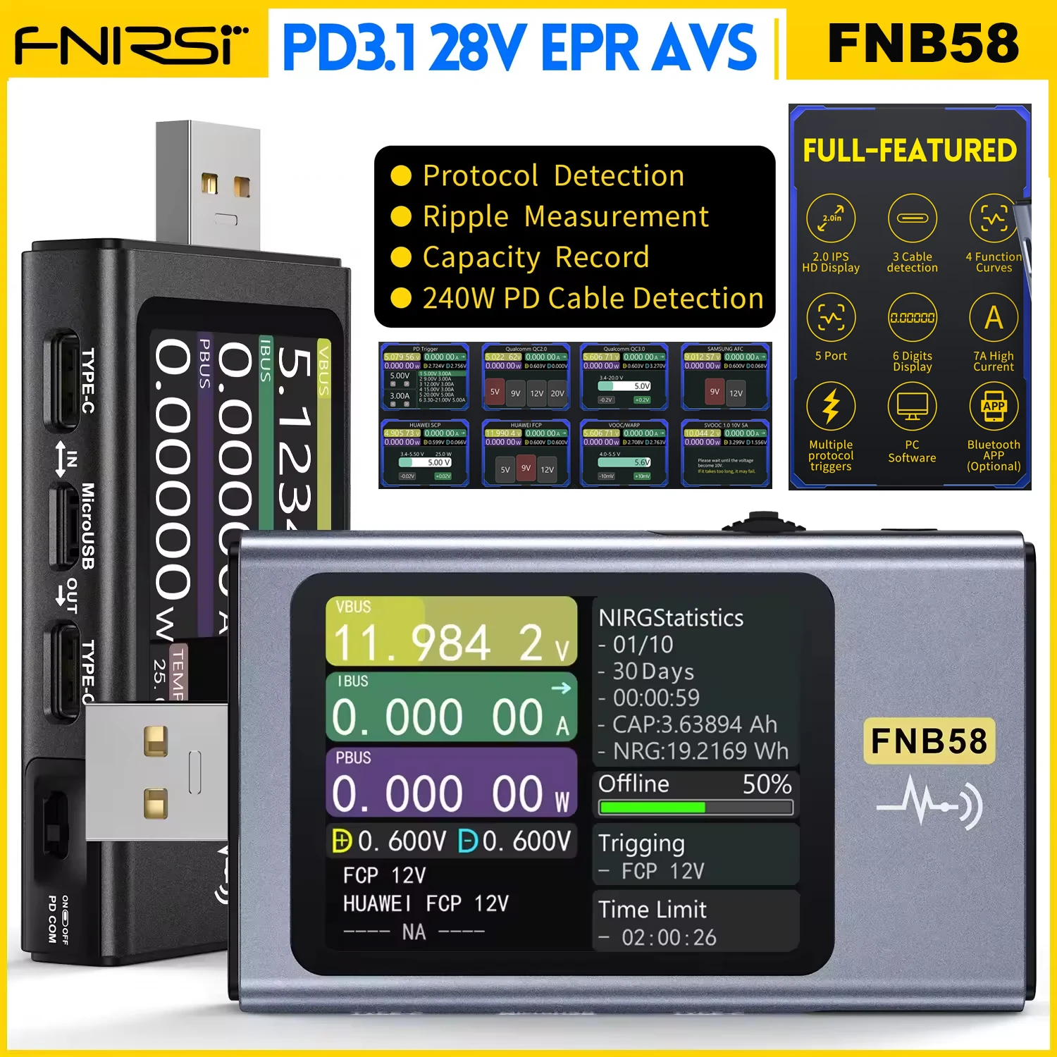 FNIRSI FNB58 USB-C power analyzer and fast-charge tester
