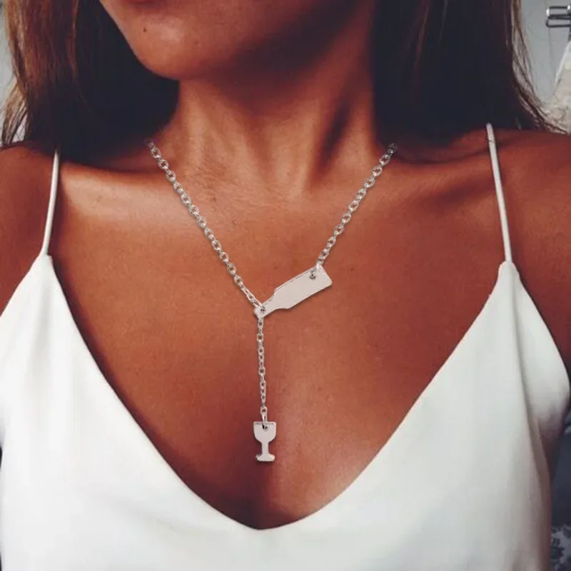 2024 New Beer Cup Long Pendant Necklace For Women Wine Bottle Gold Color Triangle Statement Party Fashion Jewelry