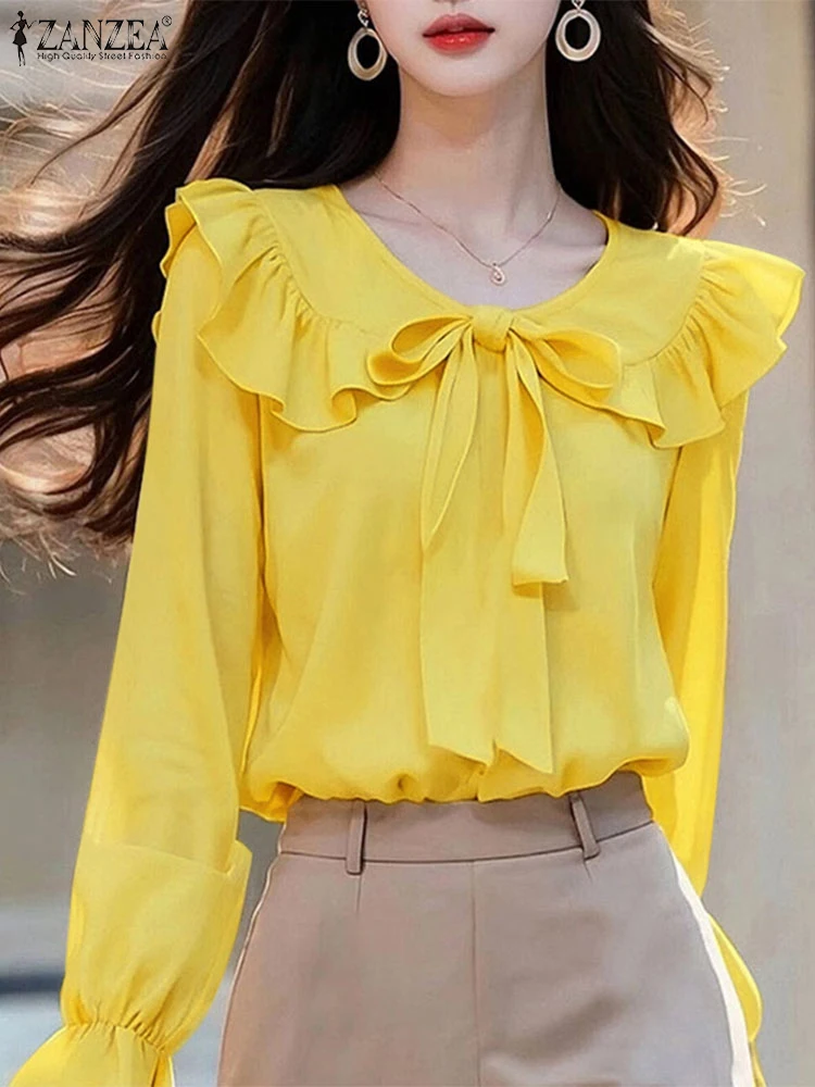 ZANZEA Office Work Blouses 2024 Spring Women Elegant Long Sleeve Shirt Fashion Lace Up Holiday Tops Casual O Neck Loose Blusas