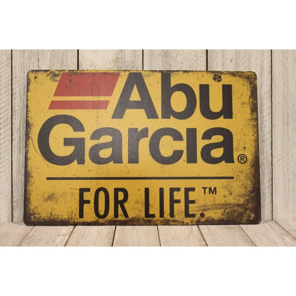 علامة Abu Garcia الريفية المعدنية المصنوعة من القصدير - ملصق صيد السمك على شكل بكرة صيد السمك لمرآب الكهف للرجال