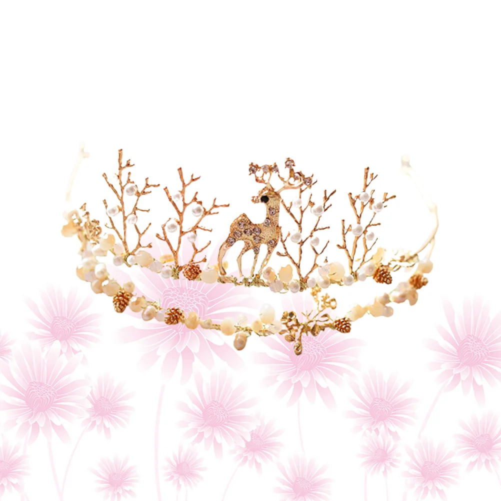 

Elegant Golden Hair Hoop with Elk Design Pearl Accents Women Headband for Wedding Party Prom Bridal Evening Rhinestone Accessory