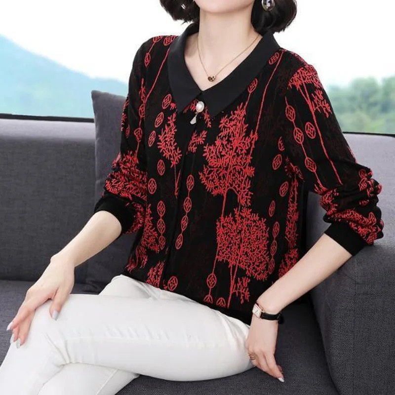 Spring Fashion Contrasting Colors Printing T-shirt Women\'s Clothing Long Sleeve Vintage Turn-down Collar Beading Tops Female