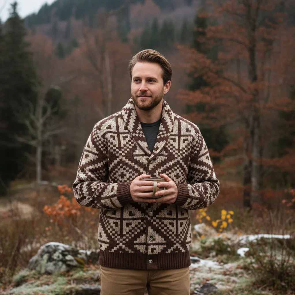 Men Winter Knit Cardigan Sweater Vintage Geometric Pattern Thick Wool Coat Shawl Collar Button Jacket