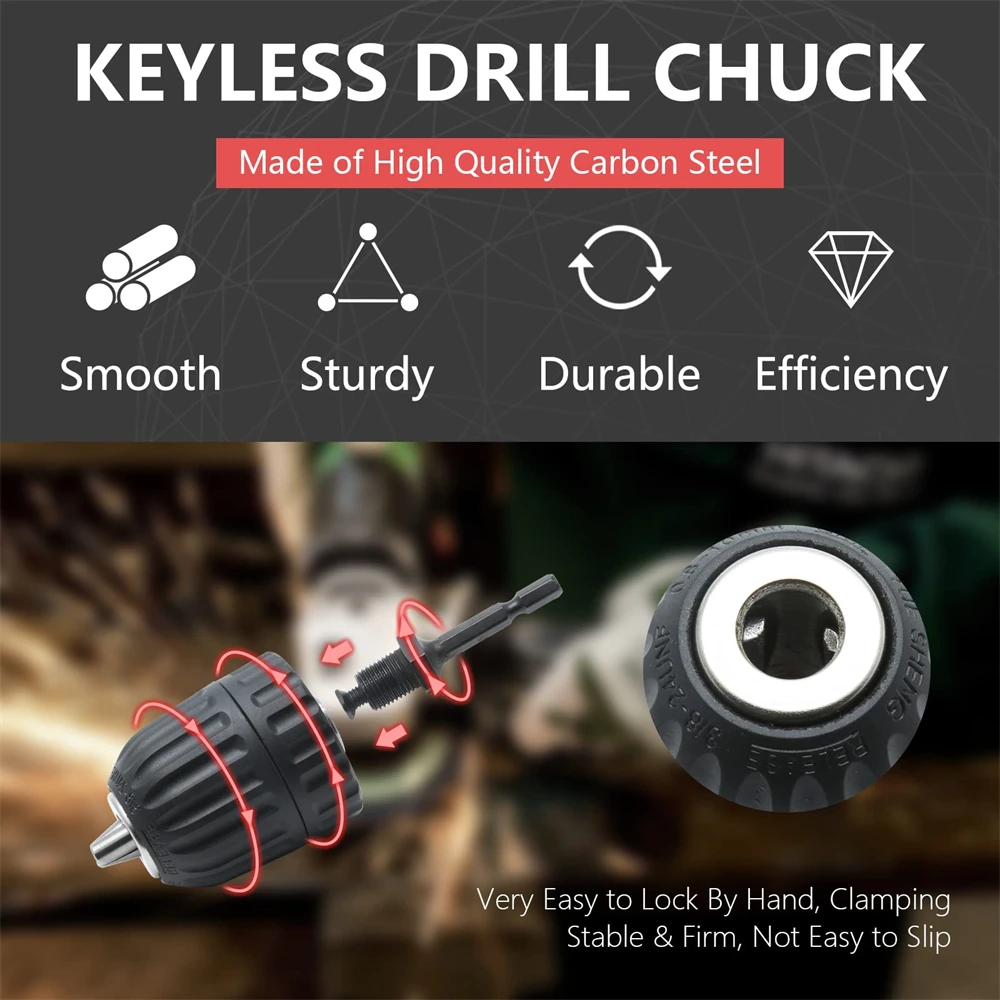 Keyless Drill Chuck 0.8-10mm 3/8-24UNF, Hex Shank/SDS-Plus/Square Quick Grip Adapter, Chuck for Drill Bit Screwdriver Tap&Socket