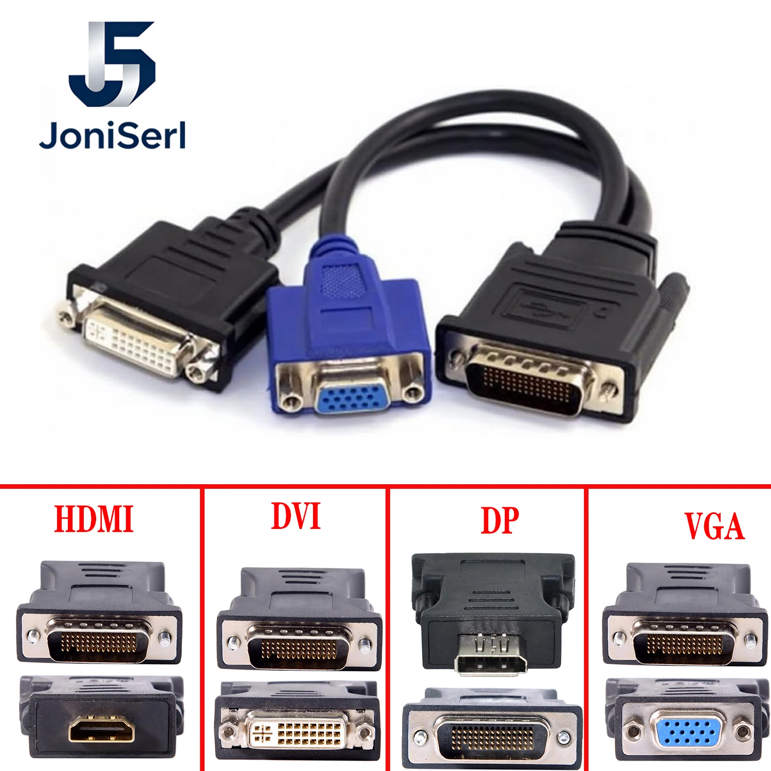 JonISerl Cable LFH 60Pin DMS 59pin Male to Dual DVI 24+5 Female VGA RGB 15pin Female Splitter Extension 15cm for Graphics Card