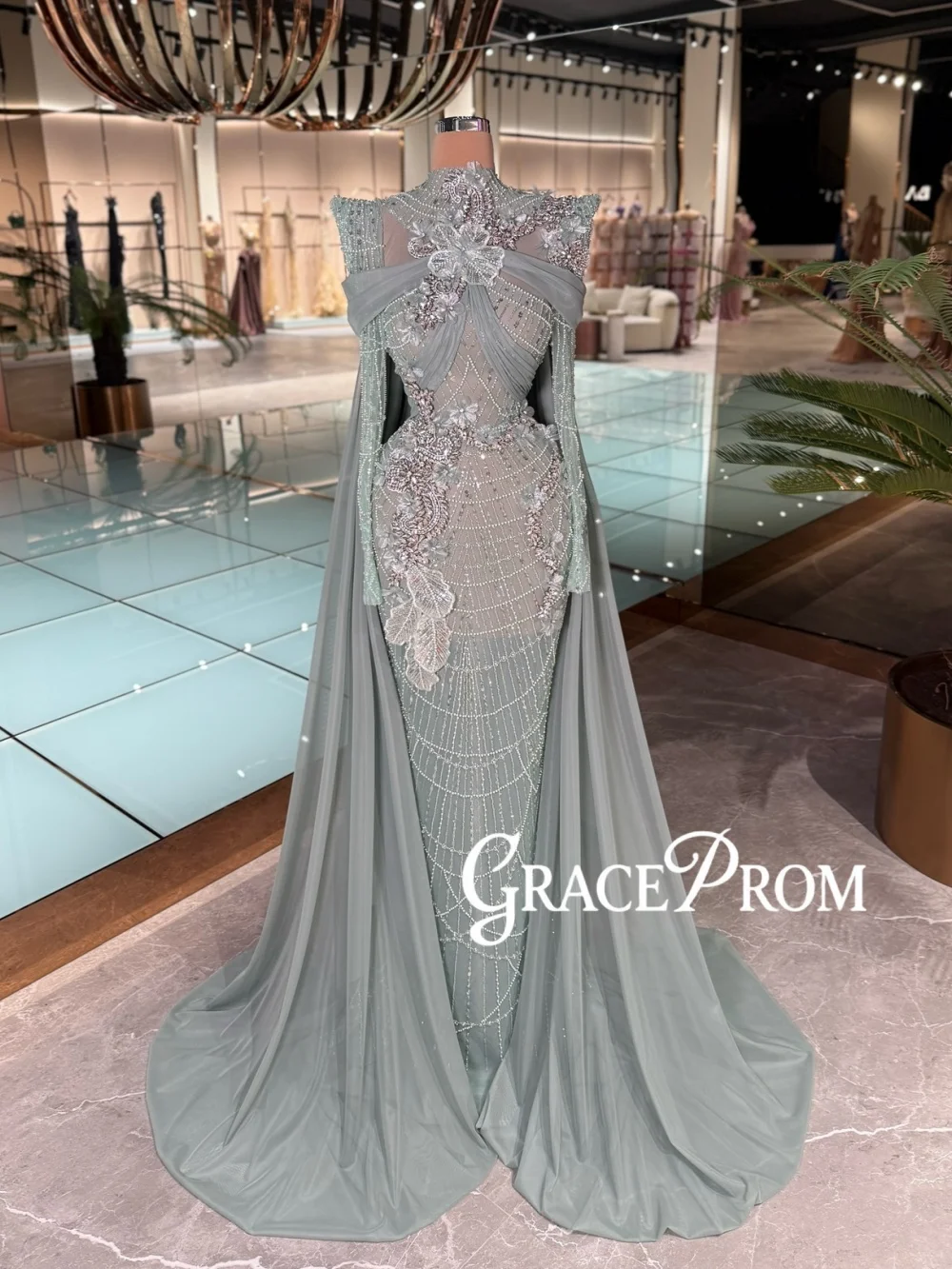 

Captivating 3D Floral Evening Dress Opulent Beaded Crystal Wedding Party Gown Customized Elegant High Collar Red Carpet Gowns