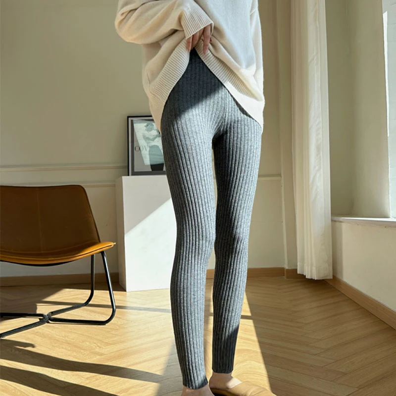 Pantalon droit moulant taille haute tricoté en laine 100% avec cordon de serrage pour garder au chaud des Leggings féminins, automne et hiver