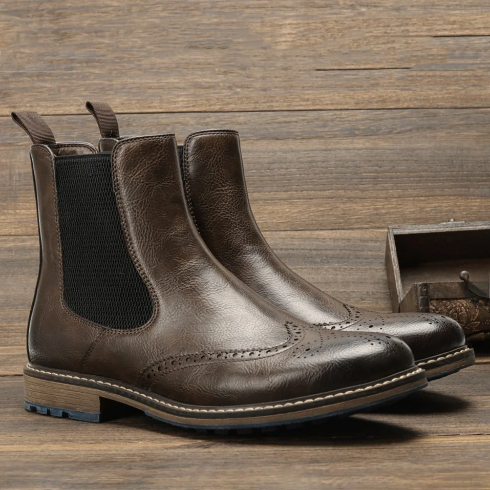 

Chelsea Men's Short Boots Autumn 2023 Retro Mid-Calf Fashion Boots Casual Style PU Leather Car Sewing Line Low Heel Rubber Sole