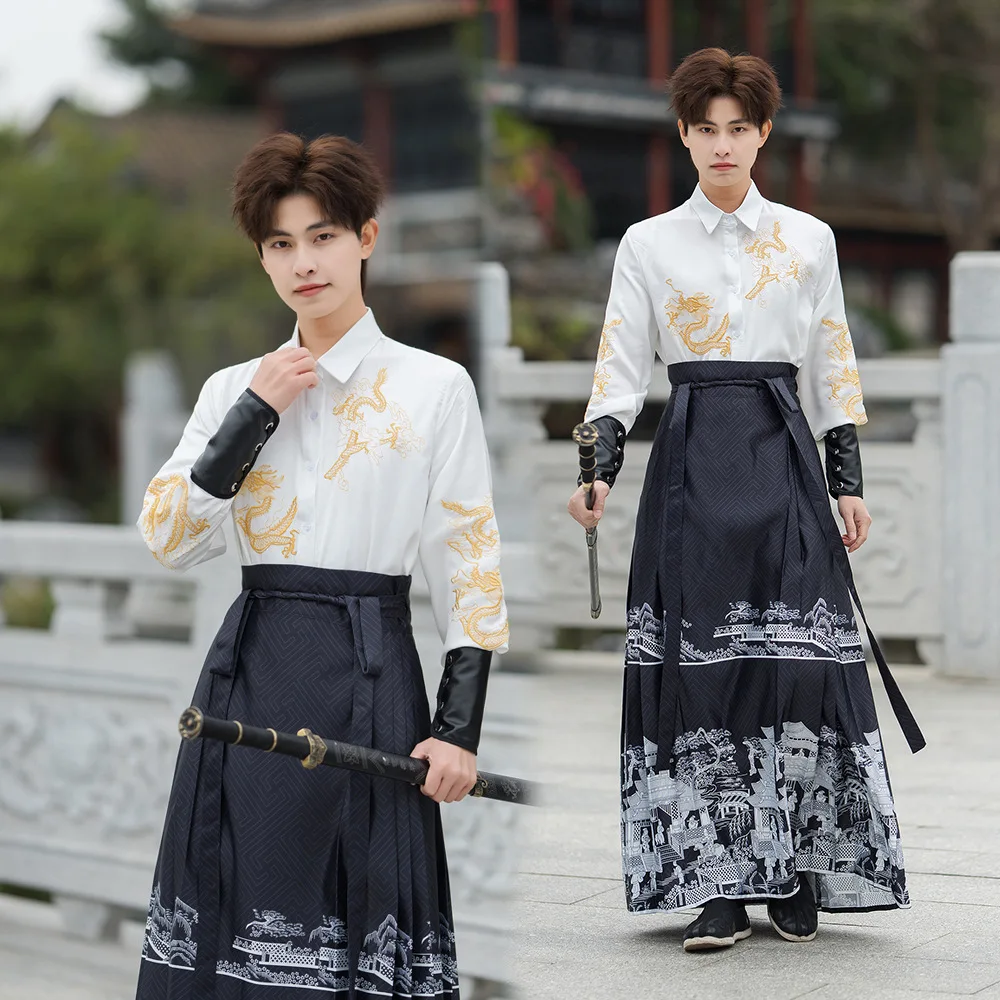 Ming Dynastie Hanfu Paard Gezicht Rok Mannen Plooien Rok Zwart Wit Shirt Rok Sets Chinese Traditionele Hanfu Rok Plus Size