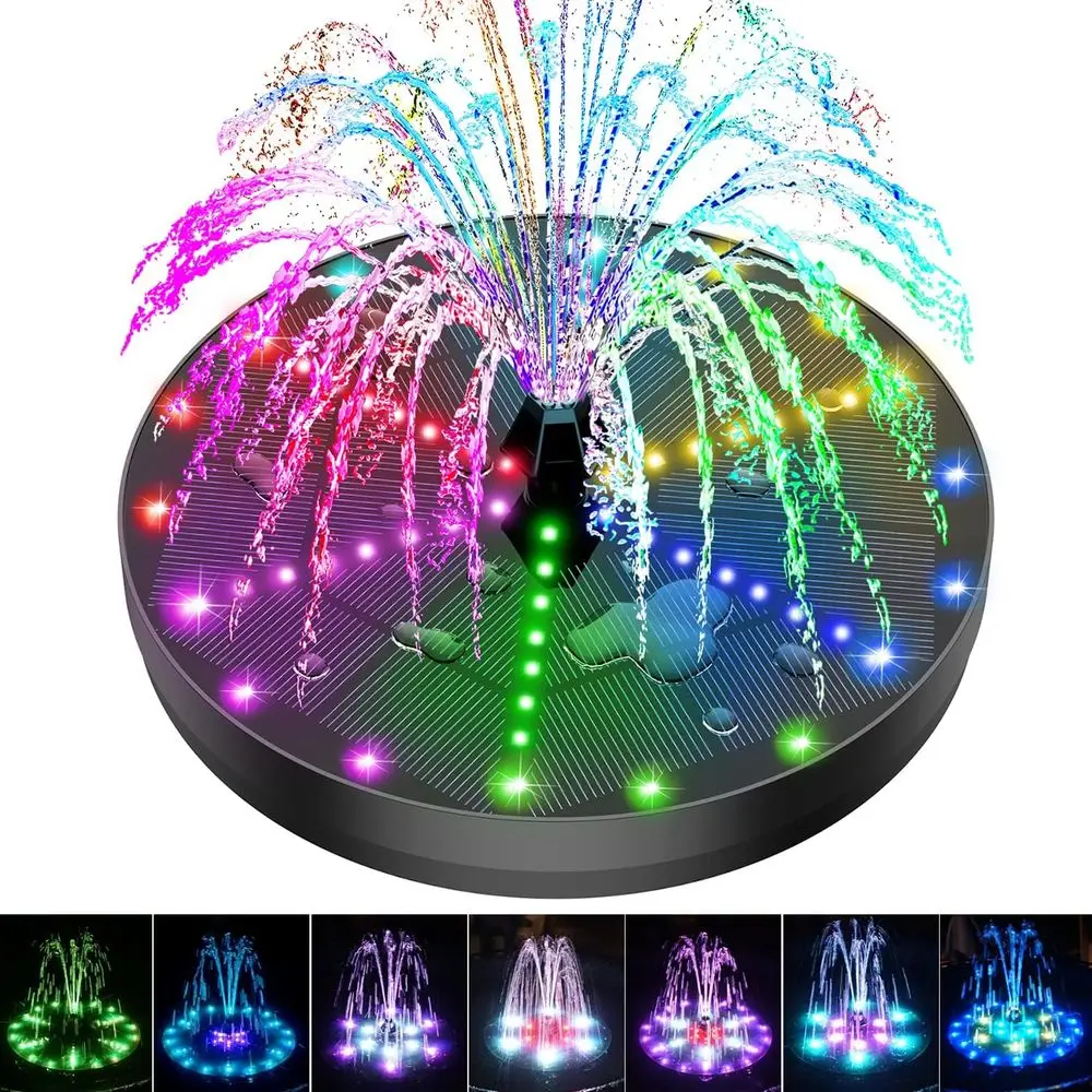 Bird Bath Mountains Upgraded, 4W Powered Water Fountain Pump with 4000 Battery, 7 Nozzles & 4 Mixers, Colorful LED Lights for Ga