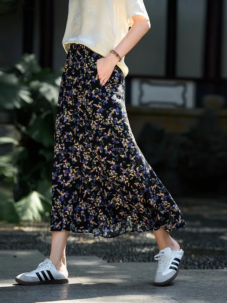 

Women Skirt A-Line Floral Printed Skirts Summer Casual Ladies Long Silk Skirts Black