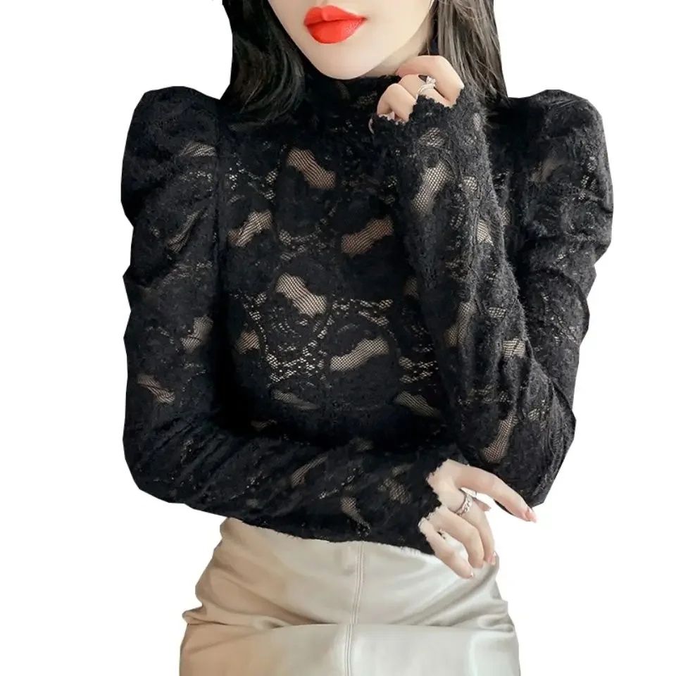 Spring New French Round Neck Slimming Lace Ruffles Spliced Shirt Long Sleeve  Elegant Bottoming Blouse Top Women T329