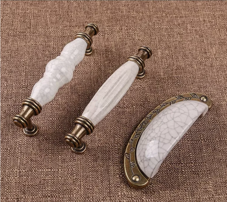 Ceramic Knobs Pulls Dresser Drawer Knob Pull Handles Cabinet Door Handle Pull Antique Bronze White Crack Porcelain