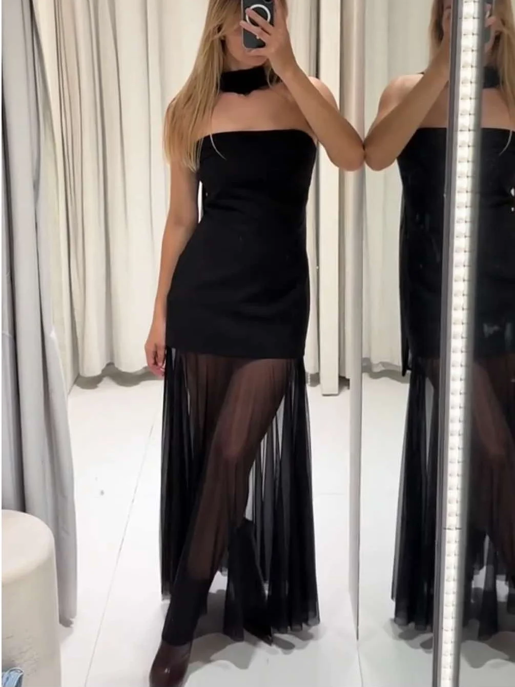 Seksowna sukienka na ramiączkach damska, modna sukienka z patchworkiem i rozcięciem, sukienka na ramiączkach bez rękawów z przezroczystym dołem, sukienka bez pleców 2025