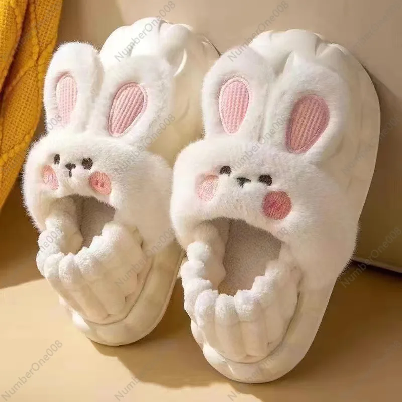 Rabbit fluffy slippers women's home autumn and winter shoes thick soles non-slip and cold