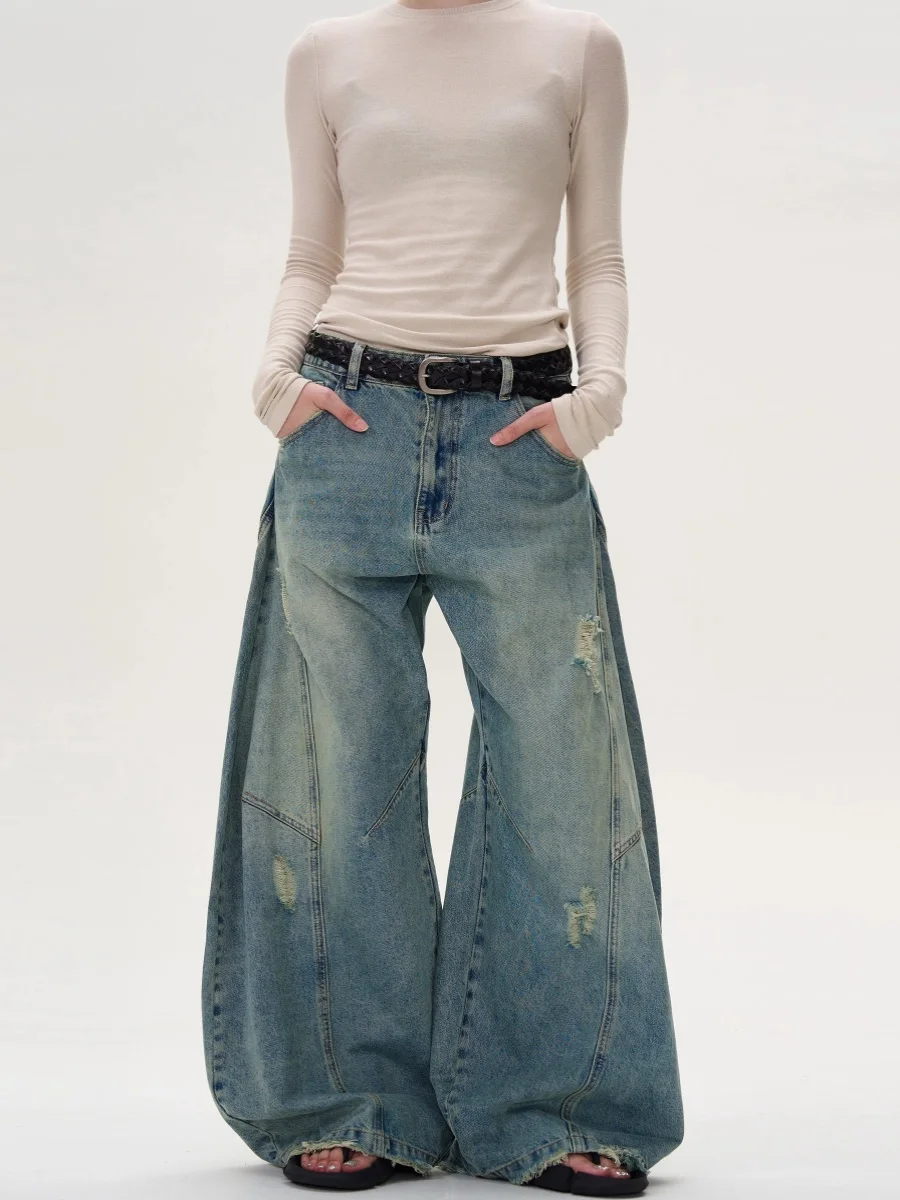 

Американские джинсы с ножом в стиле ретро, мужские свободные джинсы с уникальным дизайном, брюки с 3D вырезом, прямые джинсы