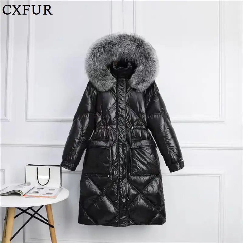 

CX-G-D-23 Black Winter Boutique Outwear Hooded White Down Coat with Real Fur Collar