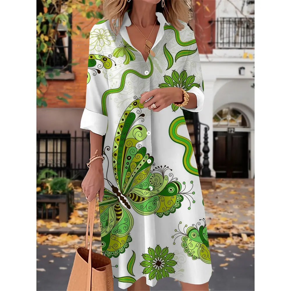 Fashion Maxi Dresses Vestidos 3D Clover Printed Summer Shirt Dress Women Button Long Dress Boho Beach Casual Party Pocket Dress