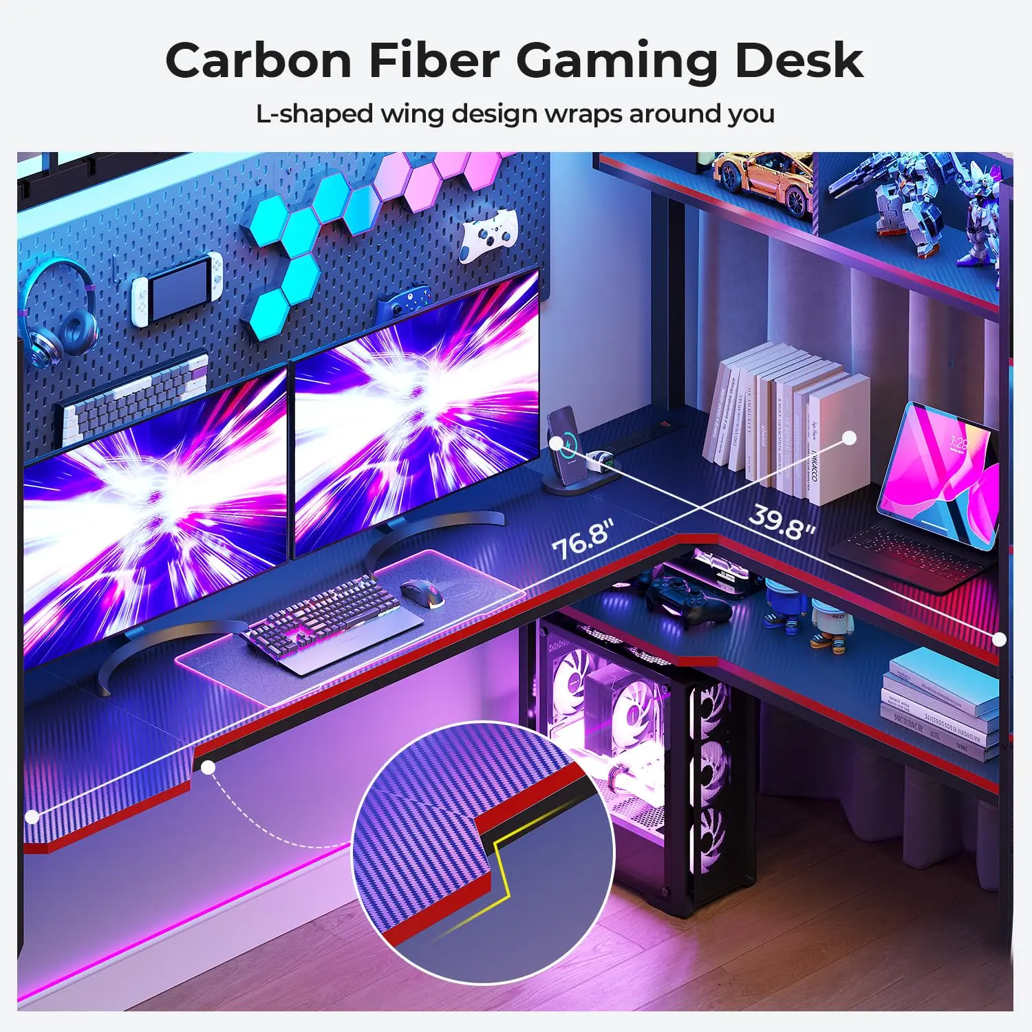 Full Size Gaming Loft Bed with Desk & Stairs, Carbon Fiber Black, Customized