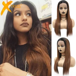 Ombre Brown Synthetic Lace Hair Wigs For Women High Temperature Fiber Hair X-TRESS Straight Lace Wig Free Part With Baby Hair