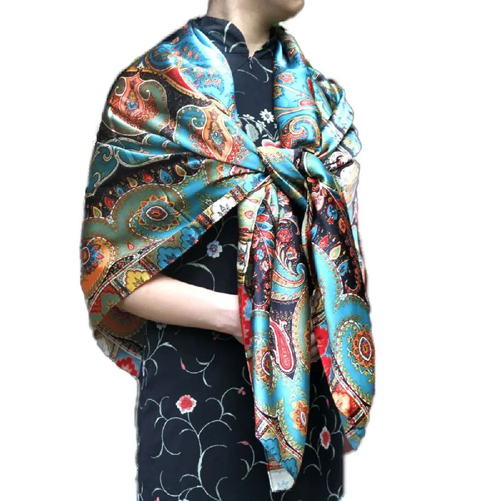 

100% Silk Scarf Shawl Wraps Women Vintage Oversized Square Cape Cashew Print Party Accessories 135*135cm