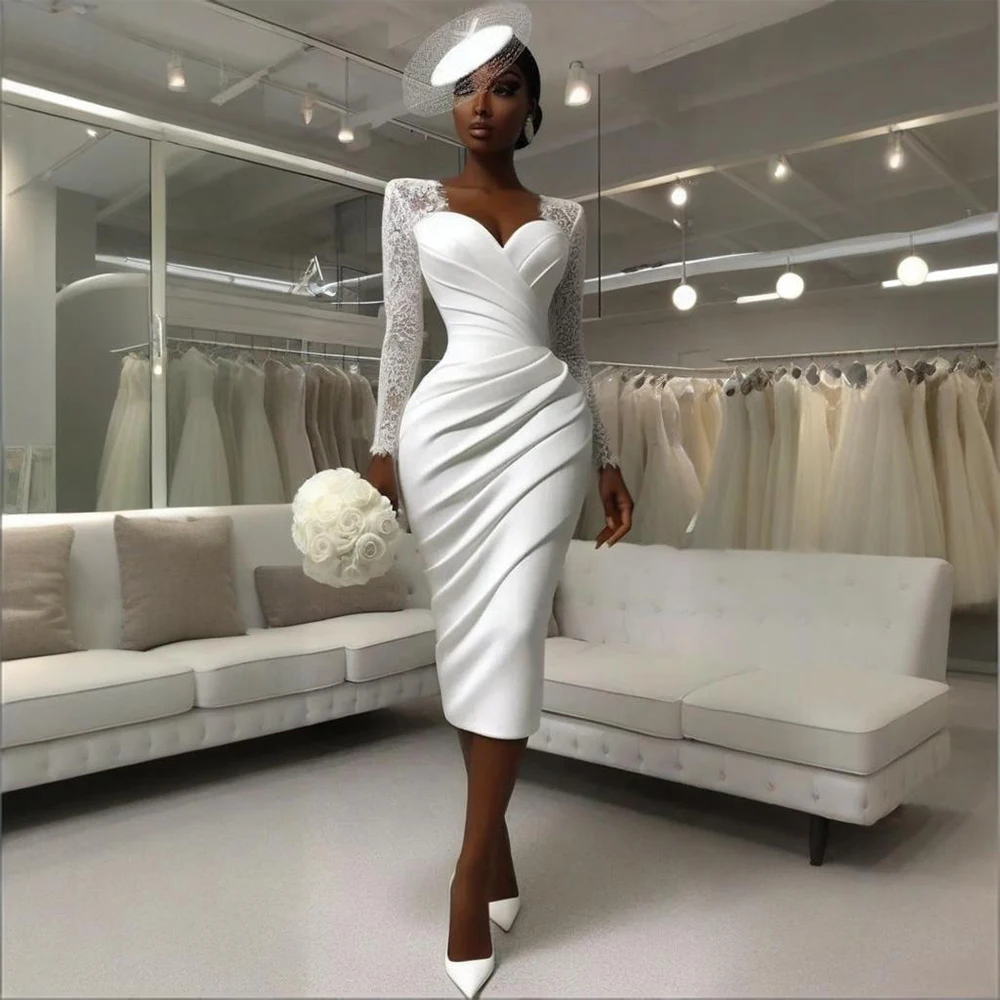 Customized Wedding Dress Lace Long Sleeves Sweetheart Sheath/Column Wedding Gowns for Women 2026 Bride Pleated Midi Bridal Dress