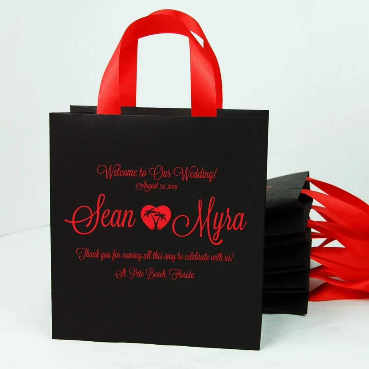 Bolsas de bienvenida de boda tropical con asas de cinta de raso, regalos de boda personalizados de playa o destino, recuerdos de boda de menta para