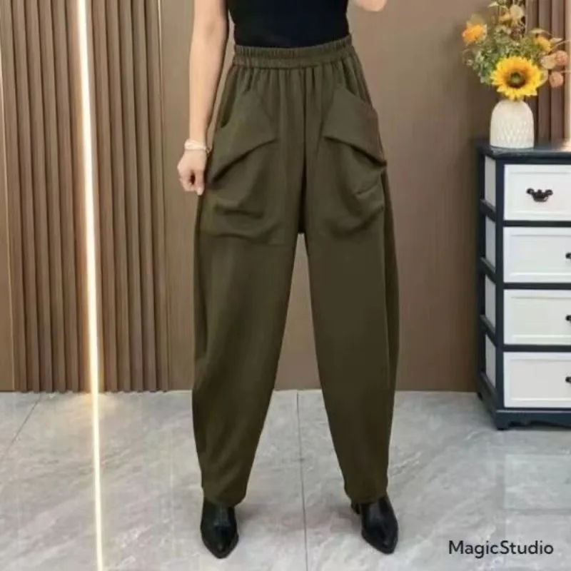 

Summer New Women's 2024 Patchwork High-waisted Elasticized Folds Pocket Solid Color Fashion Loose Casual Versatile Harlan Pants