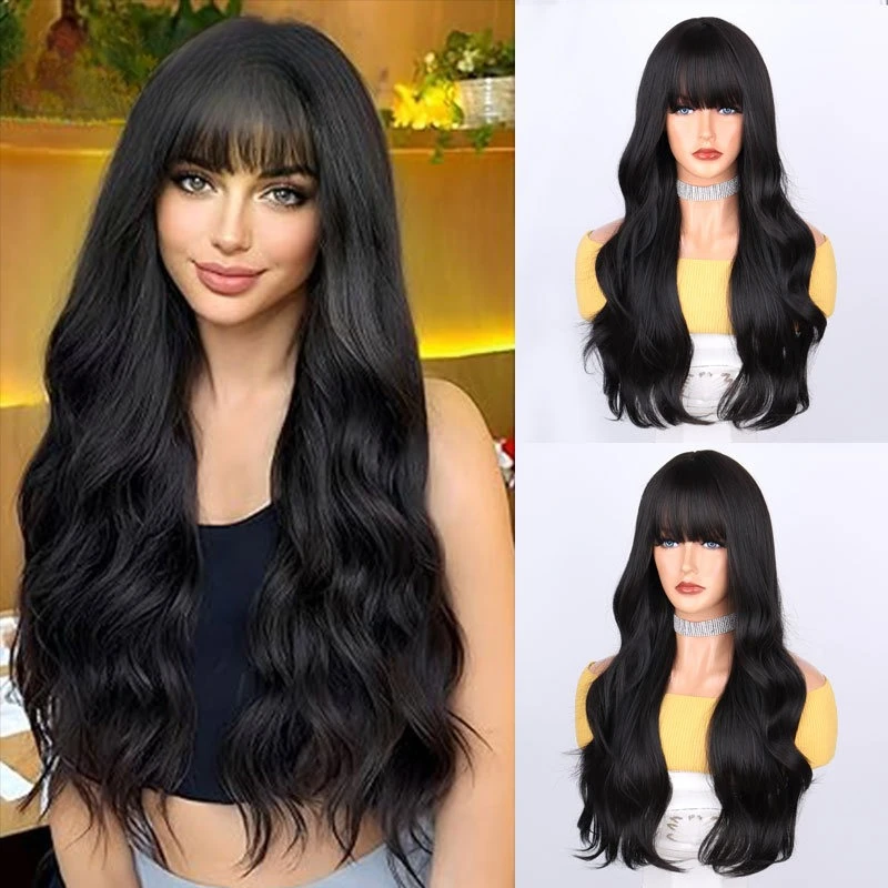 

Micro-curl wig temperament Qi bangs black big wave wig full head cover European and American chemical fiber wig