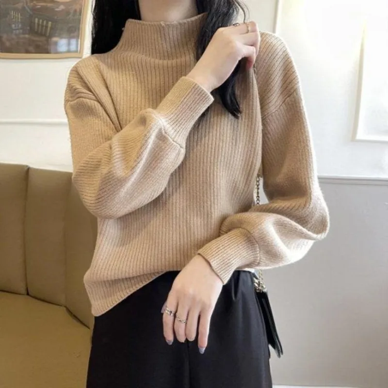 Women\'s Autumn Winter New Fashion Elegant High Neck Pullover Solid Color Knitwear Casual Versatile Western Commuter Youth Top