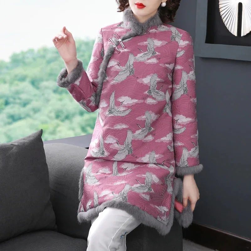 Мода 2025 года, традиционное миди, элегантное китайское платье Qipao, теплое платье Crane, Китайское новогоднее платье Cheongsam Ff2506 PT19