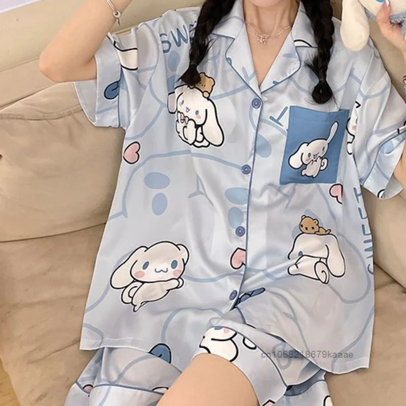 Sanrio Hello Kitty Women\'s Summer Cool Silk Pajamas Japanese Style Chest Pads Sleepwear Set Cute Cartoon Print Home Clothes Suit