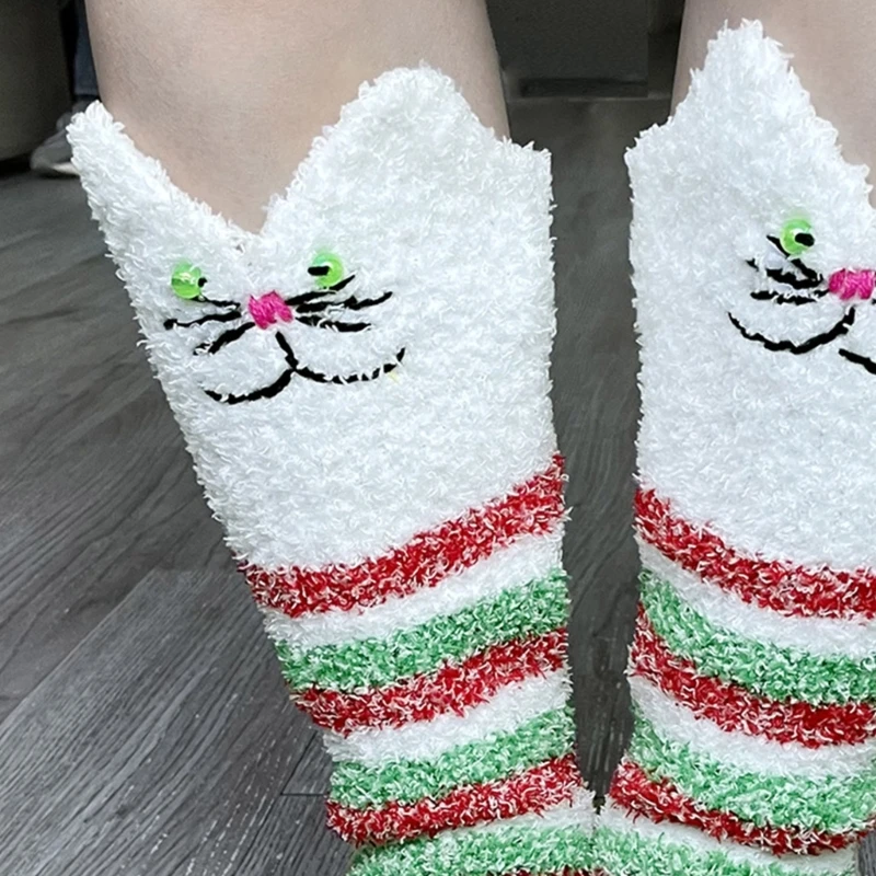 

Christmas Fuzzy Socks for Women Men Funny Cartoon Colorblock Striped Winter Warm Sleep Slipper Holiday Socks