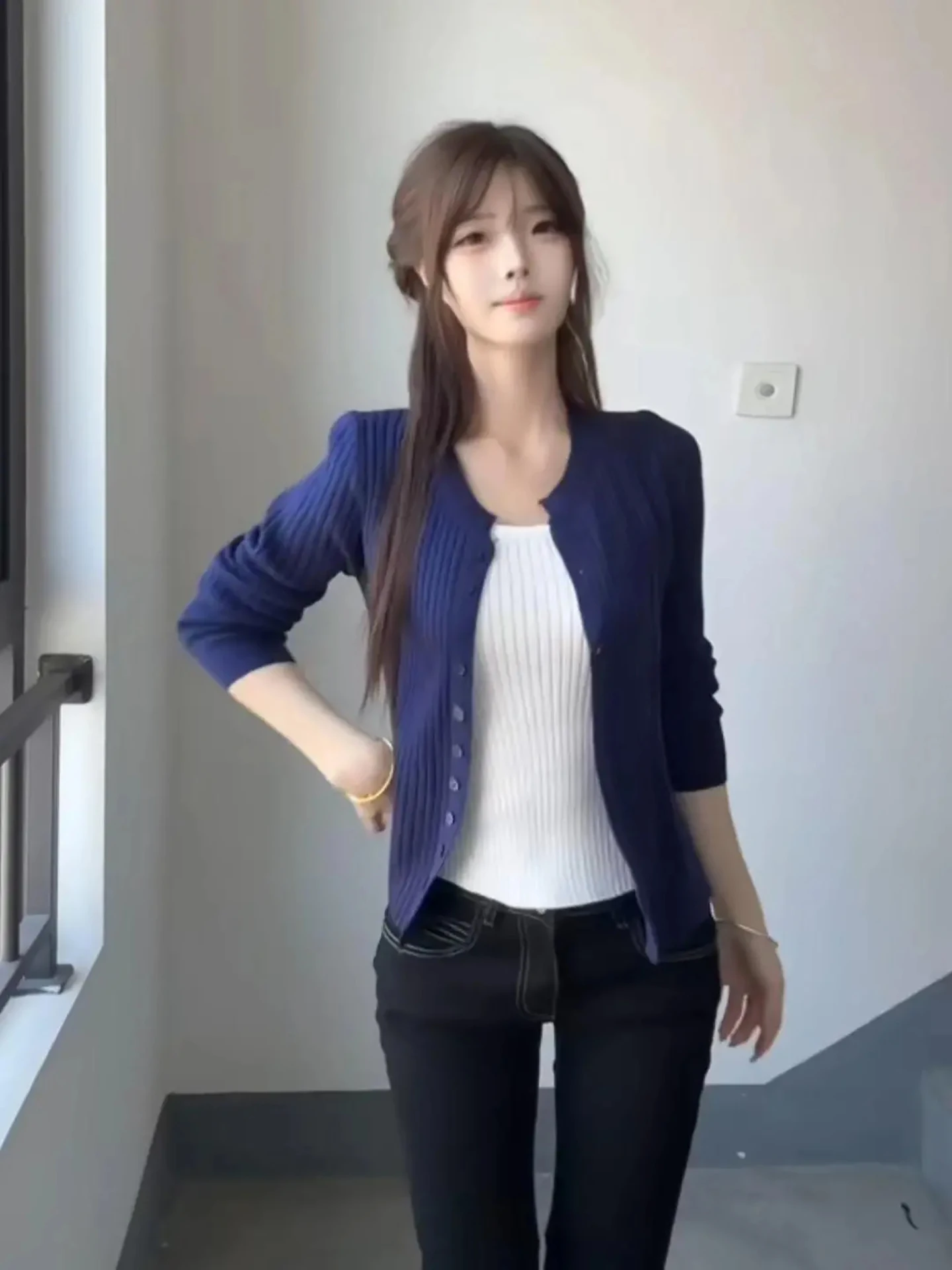 

Korean Style Women's Knitted Cardigan And Camisole Set Deep Blue Spring Fashion Warmth Casual High Waist Long Sleeve round Neck