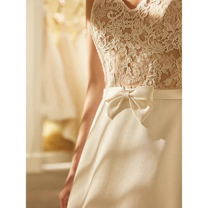 فستان زفاف خفيف جديد على طراز هيبورن الفرنسي من الدانتيل بدون أكتاف فستان استقبال أنيق للتخسيس