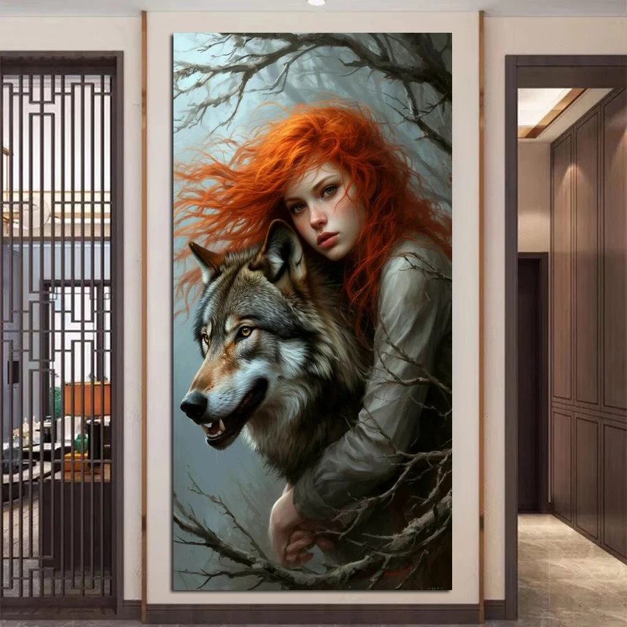 

Туманное утро, большой размер, наборы для алмазной живописи «сделай сам», красные волосы, женщина и волк, полная дрель, мозаика, вышивка, фотографии 100x200 см