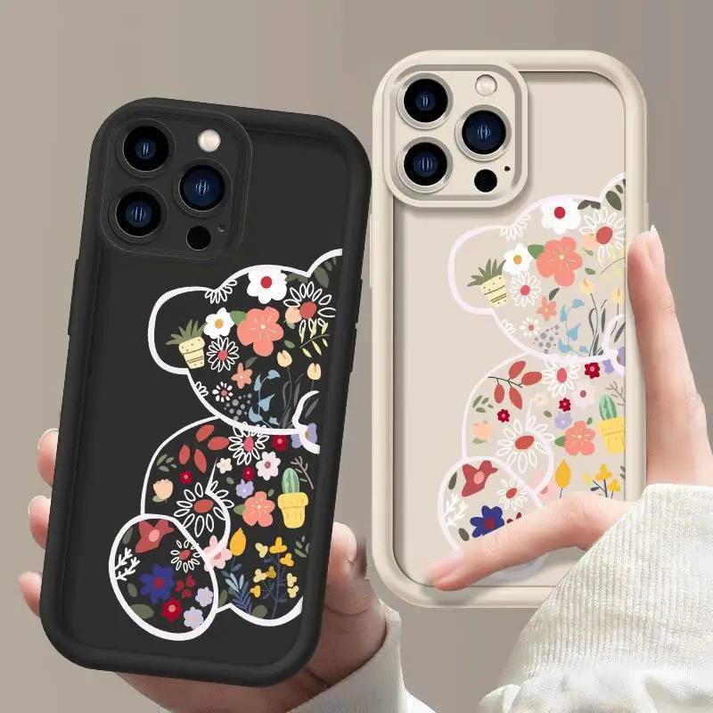 

New Bear Flower Phone Case for iPhone 15 Pro Max 11 13 12 14 plus XS X XR 7 8 SE Soft Shockproof Candy Lens protection Cover