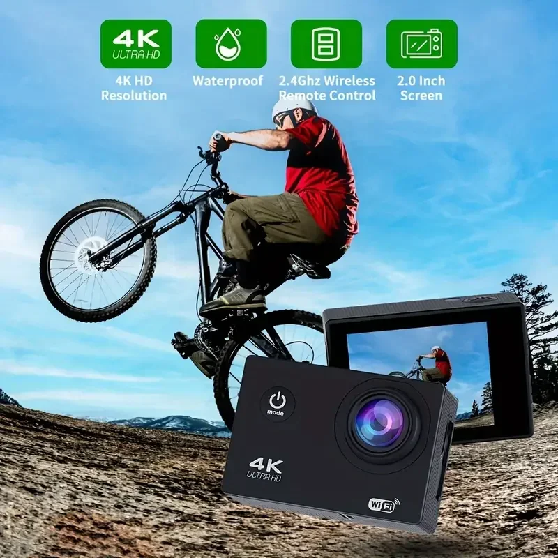 Ultra HD Action Camera with Video Recording, Waterproof Camera, Sports Camera, 4K, 30fps, WiFi, 2.0 \