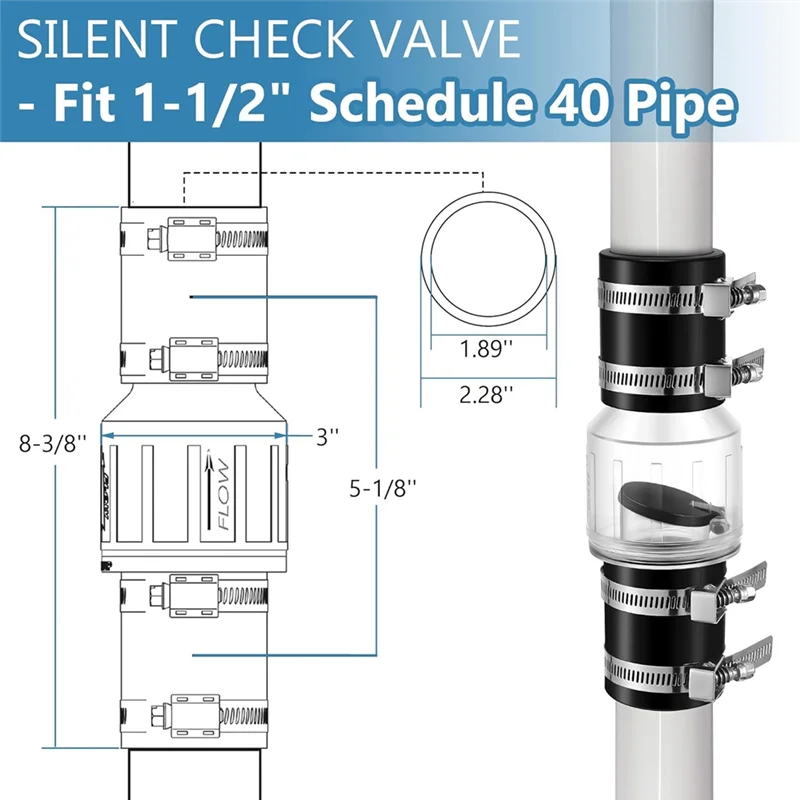 A44F-1-1/2인치 CV-150 섬프 펌프 체크 밸브, 역류 방지용 스프링 장착 플래퍼, 클램프가 있는 무소음 체크 밸브