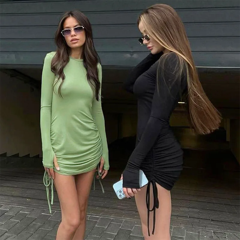 

2024 women's new sexy solid color spicy girl personality round neck slim fit pleated long sleeved nightclub evening dress dress