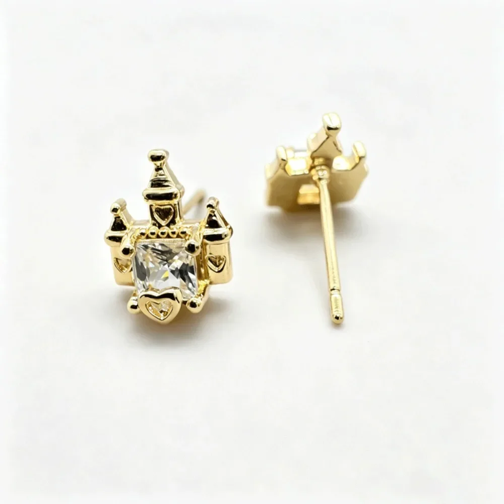 Fairy Tale Castle with White Zircon-shaped Stud Earrings Polished Metal Earrings for Ladies Fashionable Earrings Gift