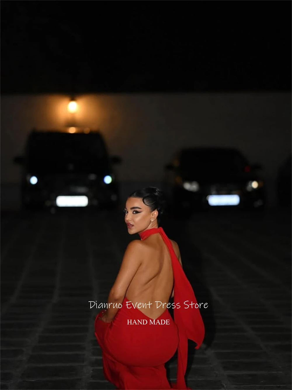 Dianruo فساتين سهرة مثيرة بدون ظهر باللون الأحمر عميق على شكل حرف V من الشيفون رداء حفلات رسن العنق حورية البحر للنساء حسب الطلب #3