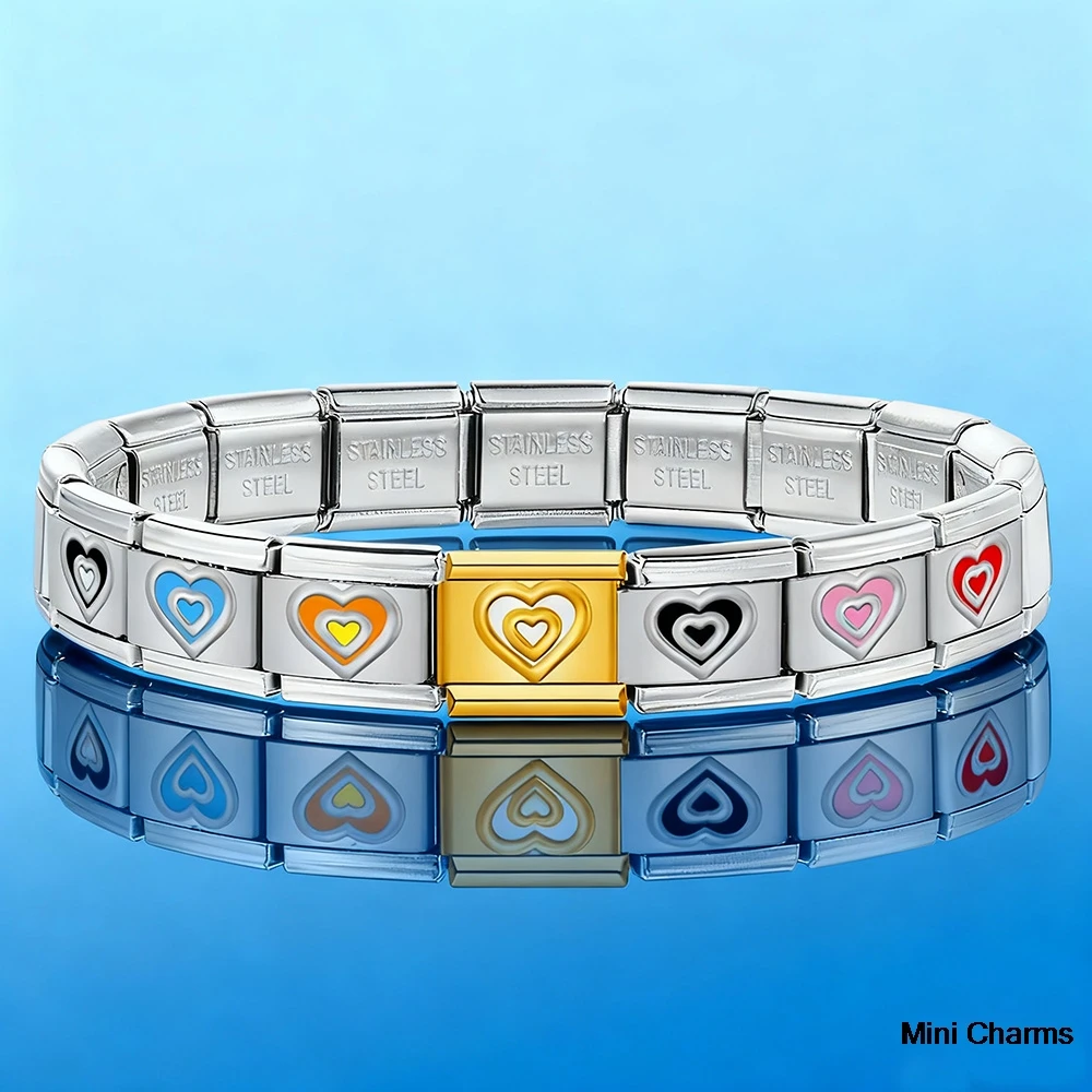 Modischer, bunter, doppellagiger Herzanhänger aus Edelstahl, passend für 9-mm-italienische Armbänder, DIY-Zubehör. – Detail 5