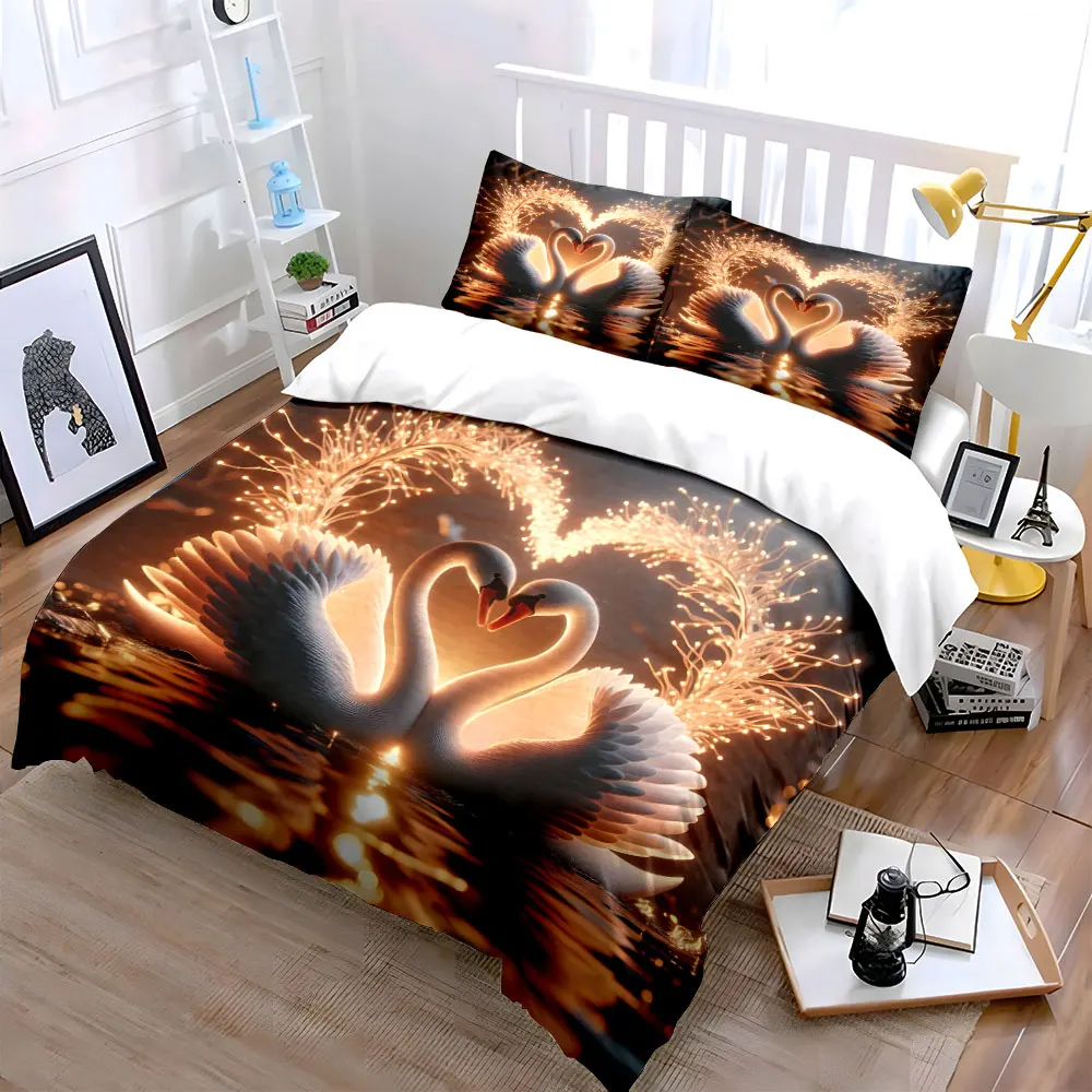 Romantic swans with glowing heart Print Bedding Set 1 Duvet Cover 2 Pillowcases for Adult and Children Luxury Gift Full Size