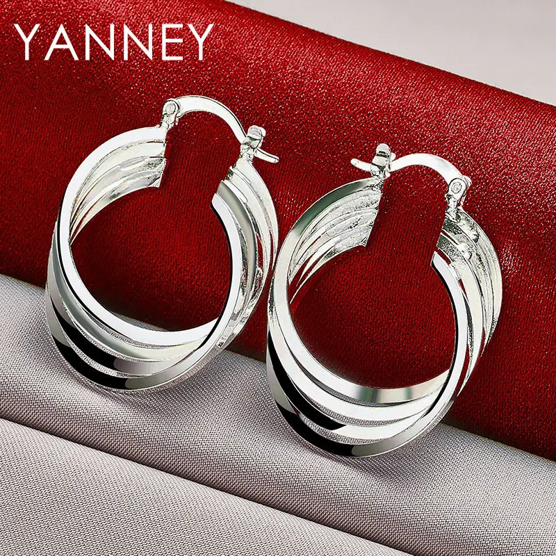 

925 Sterling Silver Women's 35MM Fine Hoop Earrings For Charm Wedding Party Fashion Girlfriend Jewelry Accessories