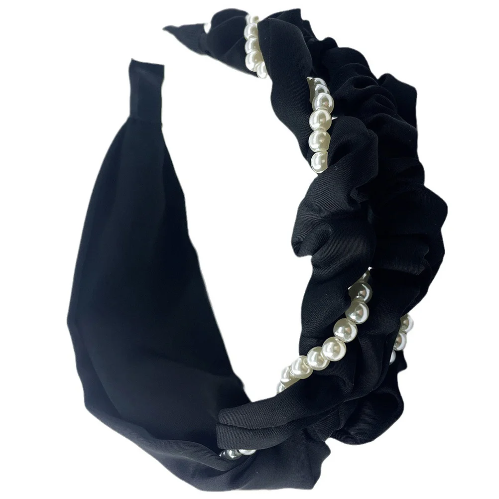 

Women Black Wide Knotted Headband Pearl Braid Twisted Hairband Decorative Fashion Party Hair Accessory Knot Headband